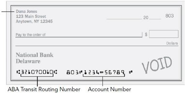 Sample check showing routing number, account number, and bank name locations